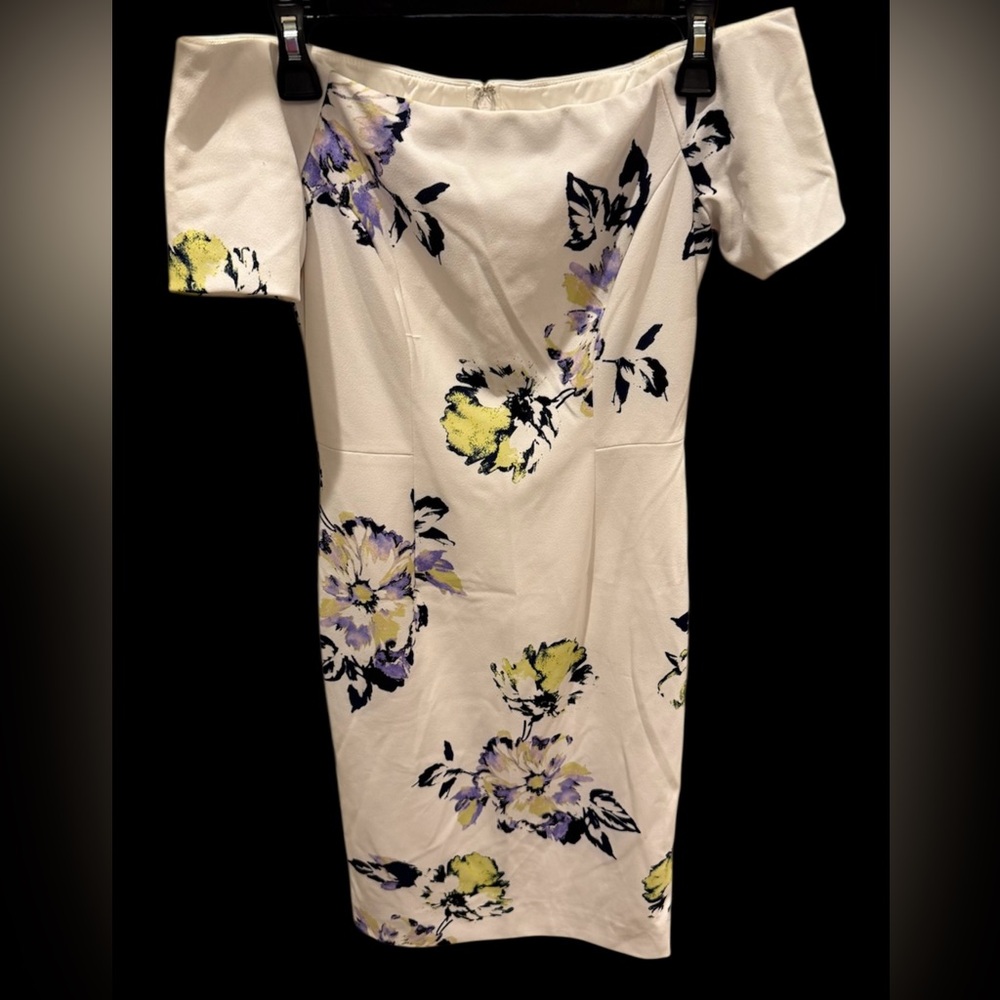 Antonio Melani midi- dress~ 
ivory/violet floral off-the-shoulder dress.